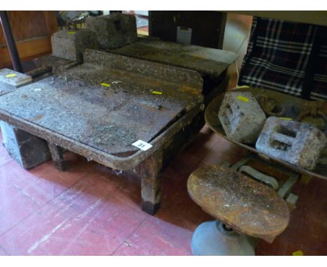 Metal potato scales with heavy weights and another set of vintage scales with weights