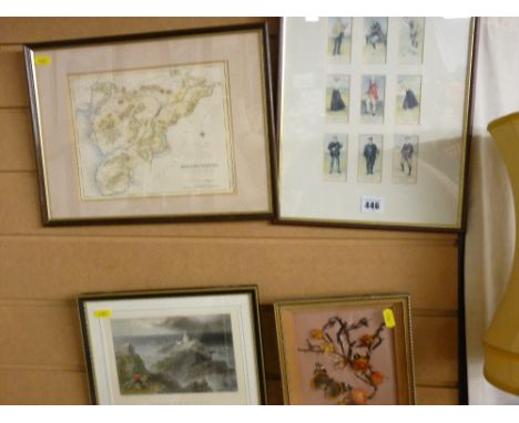 Framed set of golfing cigarette cards, map of Merionethshire, a hand tinted antique print of The Mumbles rocks and lighthouse