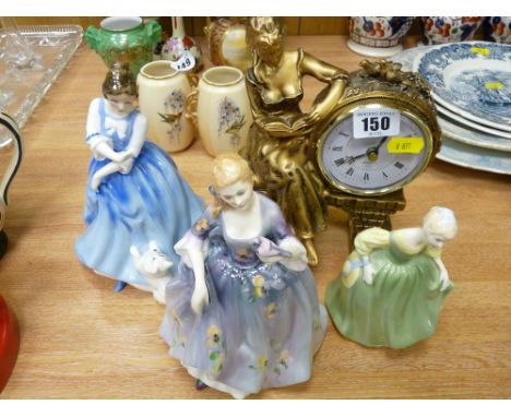 Elaborate decorated mantel clock and three Royal Doulton figurines 'Nicola' HN2839, 'Fair Maiden' HN2211 and 'Lorraine' HN311