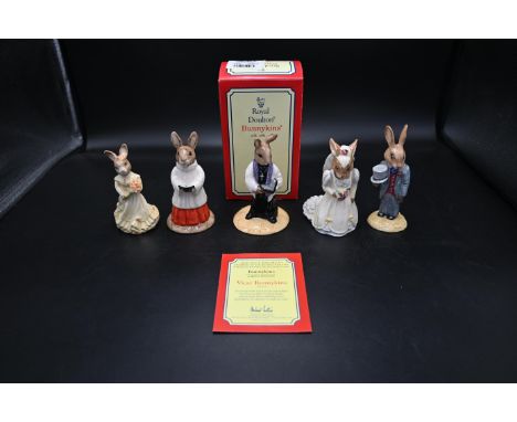 5 Royal Doulton Bunnykins Wedding Figurines to incl Vicar and Choir Singer (Int Collectors Club), Bride, Groom and Bridesmaid