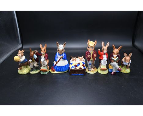 9 Royal Doulton Bunnykins Figurines to incl Mr Bunnykins Autumn Days, Mrs Bunnykins Clean Sweep, Billie Bunnykins Cooling Off