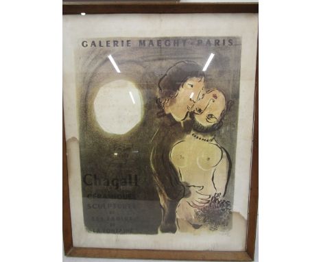 After Marc Chagall (1887-1985) Couple en Ocre 1952 poster for Galerie Maeght Paris, framed and glazed 22x28"