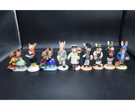 9 Royal Doulton Bunnykins Figurines to incl Lollipop man, Schoolboy, school days, shool master, Be Prepared, Paperboy, Sleigh