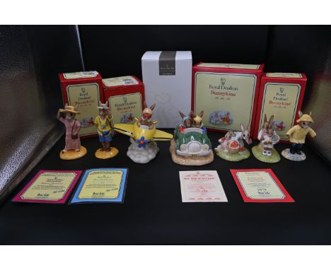 7 Royal Doulton Bunnykins Figurines to incl Special edition Chocs Away 1361/2000, Day Trip 1274/2500, Tennis and Strawberries