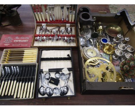 Assorted cutlery and metal wares inc lion trivet, brass legs nut crackers, onyx barometer etc