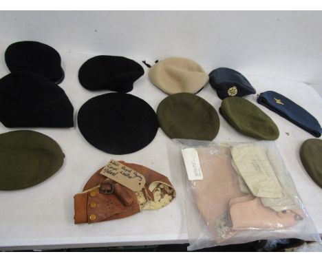 Militaria- WW1 leather flying hat, beret's, survival vest and a plaque&nbsp;