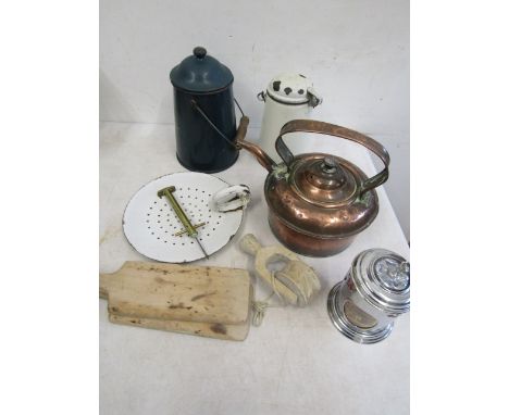 Vintage kitchenalia inc butter churn, butter patties, pastry roller, enamel pails etc&nbsp;