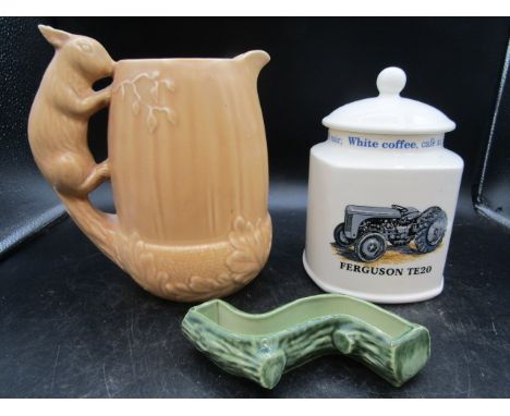 Sylvac vase, Ferguson tractor tea cannister and Wade log vase