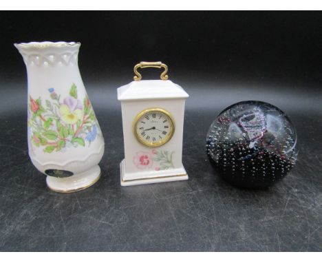 Aynsley Tudor Rose mini clock and vase and (Scottish) Caithness Flamenco paperweight&nbsp;