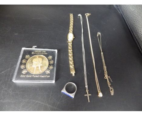 Silver Lapis Lazuli ring size P, silver cross on a chain, 14ct rolled gold necklace a/f plus on other unmarked, a 22ct gold p