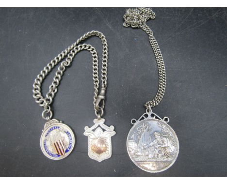 A silver pocket watch chain with silver fob pendants- one if Football Ass. (46gms) and a Passage of The Duro 1809 pendant and