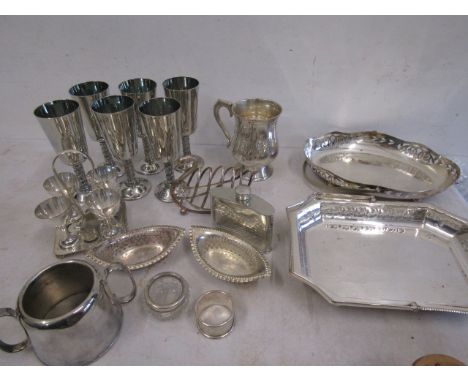 Silver napkin ring, plated set 6 goblets, swan toast rack etc&nbsp;