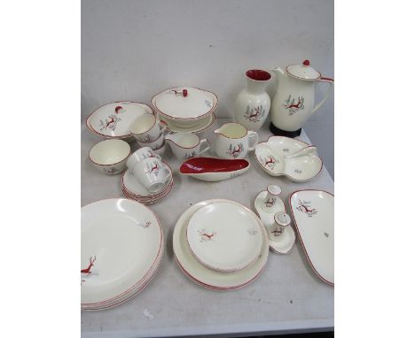 Crown Devon Reindeer part dinner service, some fading and wear to dinner and side plates, cruet set damaged&nbsp;