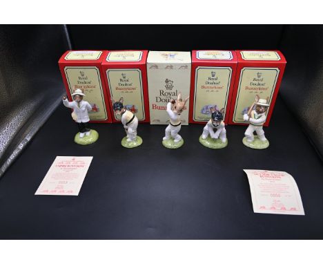 5 Royal Doulton Bunnykins Cricket Figurines to incl Special Editions Umpire 593/1000, Out For a Duck 50/1250 plus wicket keep