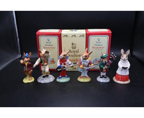 6 Royal Doulton Bunnykins Figurines to incl Mr Bunnybeat strumming, choir singer, Rise and Shine, Morris Dancer (event exclus