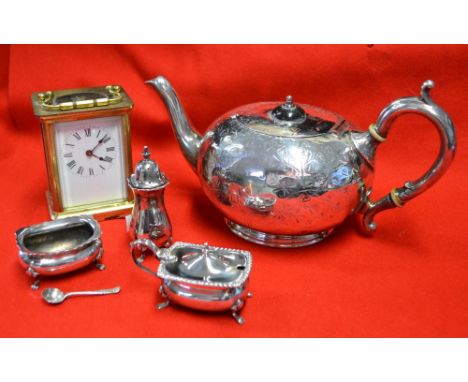 A silver plated tea pot, various silver plated condiments and a brass cased carriage clock, with Roman Numerals