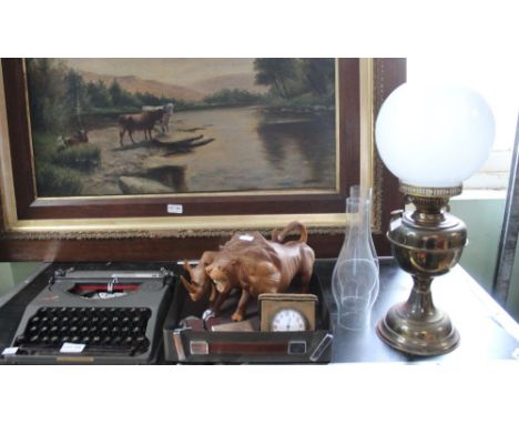A baby Empire mechanical typewriter in metal case, together with an oil lamp with two extra glass funnels, a travel clock &am