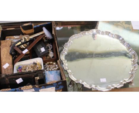 A box of costume jewellery &amp; other interesting items, including a replica pistol &amp; camera, together with a large silv