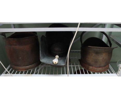A selection of four copper coal scuttles &amp; a small selection of fireside tools