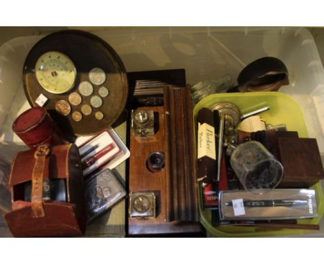 A box containing a selection of collectable items, to include; inkwell, glass bottles, pens, etc.