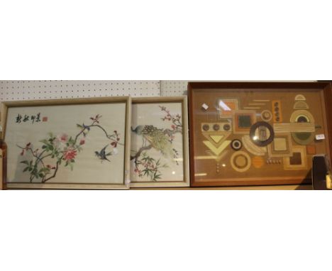 Two Japanese silk embroidery works glazed and framed with a geometric fabric work (3)&nbsp;