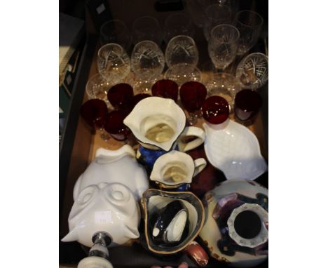 A part suite of cut table glass, other ceramics, includes; three toby jugs, and an owl lamp