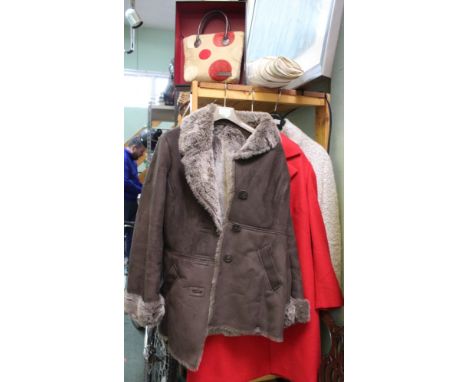A Red Jaeger ladies coat, a fur jacket and a woollen coat with a Liz Cox handbag