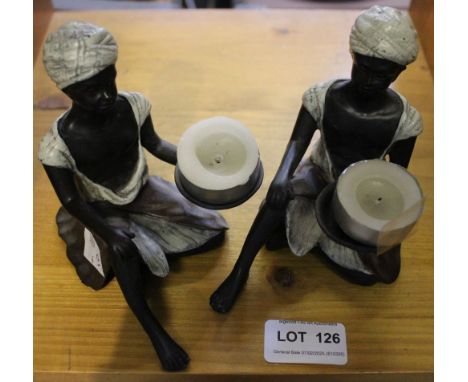 A pair of cast and painted bronze seated Blackamoor night light holders, 12cm high (2)