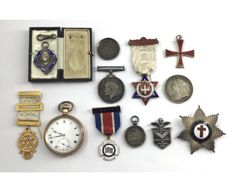 A WW1 silver British War Medal, Knights Templar badges, silver medallions and other items. To include: a BWM named to M.26510