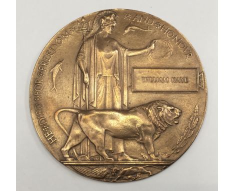 A WW1 bronze memorial plaque, commemorating William Kaye. Information supplied by the vendor states that the plaque likely re