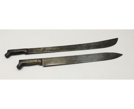 Two vintage machetes, both with single edged blade, with one also having a fuller. Both with slab horn grips, with each secur