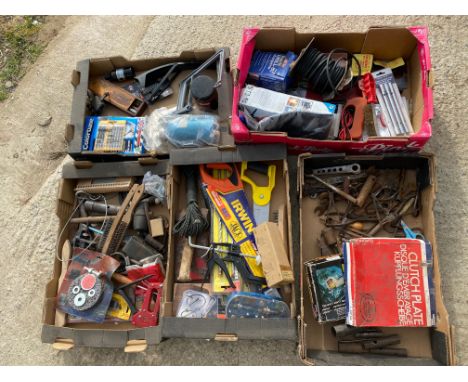 Five boxes of assorted workshop and garage tools, some new. 