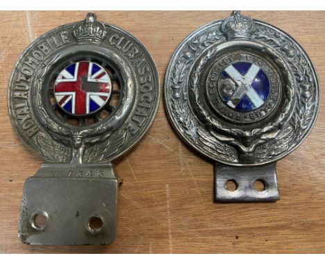 An RAC Associate car badge with union jack enamel centre, no. N67343 plus a Royal Scottish Automobile Club badge with enamel 