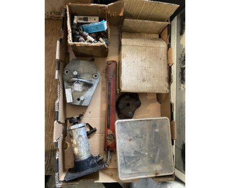A Lucas Ranger fog lamp, a Prima bottle jack, a Fiat 126 cylinder head puller, various spark plugs, some boxed etc.