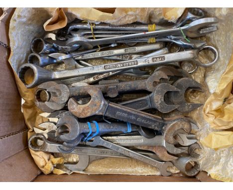 A quantity of assorted open ended and ring spanners including Gordon (Whitworth) and Matador (A.F.)