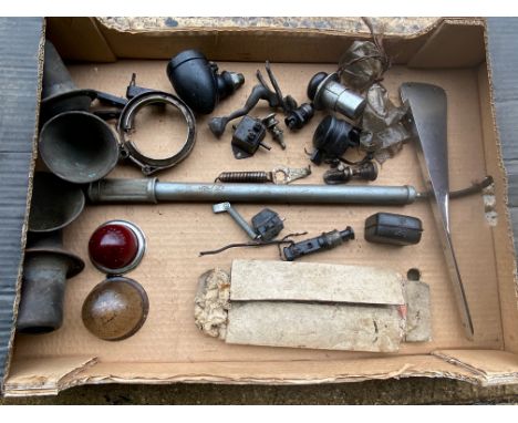 A box of assorted switches and electrical parts etc including a pull out dash lamp and a pair of trumpet shaped air intakes. 