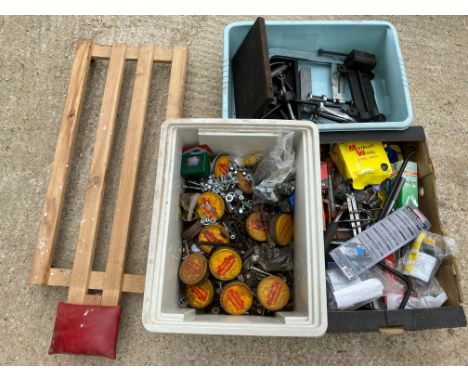 Three boxes of workshop tools and accessories. 