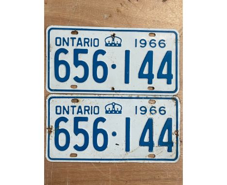 A pair of 1966 Ontario Canadian number plates by repute these were fitted to a VW Beetle when it drove across Canada plus a 1