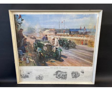 TERENCE CUNEO - 'Bentley at Le Mans 1929', a large framed and glazed print with detached information and images below, publis