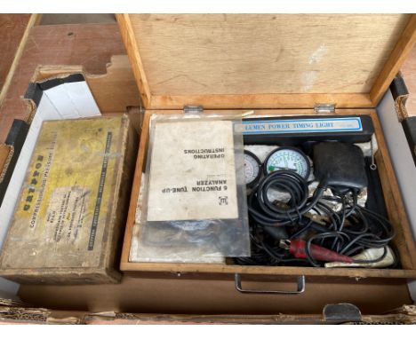 A Luma Power Timing Light, a boxed Crypton Compression tester and a six drawer chest with assorted workshop contents includin