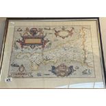 A vintage framed Saxtons map of Cornwall 1576, Printed by Taylowe limited 1960