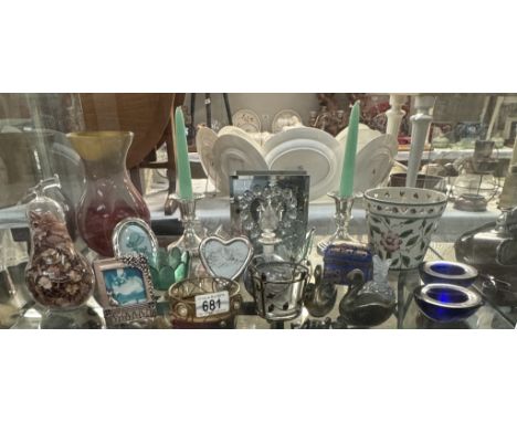 A mixed lot including candles, candle holders, trinket box, perfume bottles etc