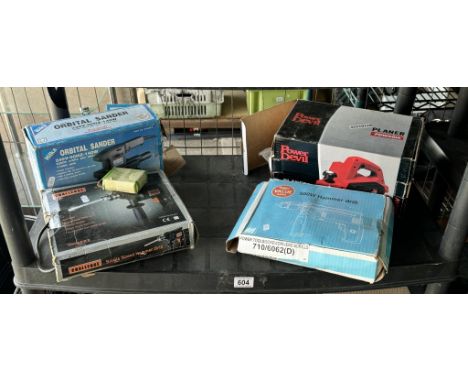 A quantity of power tools including sander, drill etc