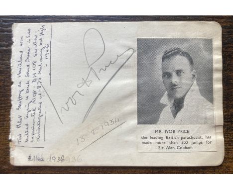 Parachute legend Ivor Price signed autograph album page. Was early 1930s parachutist who did aerial drops for the famous "Cob