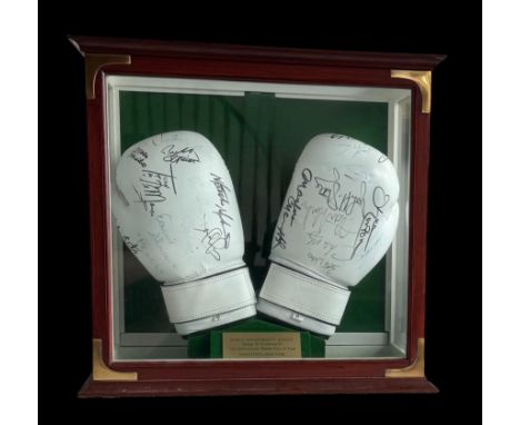 Multi signed World Championship Boxing Gloves signed by champions in display case signed by, Carmen Basilio, Earnie Shavers, 