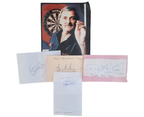 Sport Autograph collection, Alex Higgins Dave Boy Green, Kenny Dalglish, Eric Bristow MBE and Alan Glazier. Good condition. A