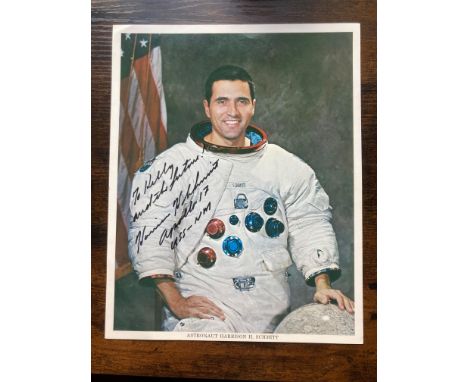 Apollo 17 Astronaut Harrison Schmitt signed 10 x 8 inch colour WSS photo, White space suit image dedicated to Kelly and the F