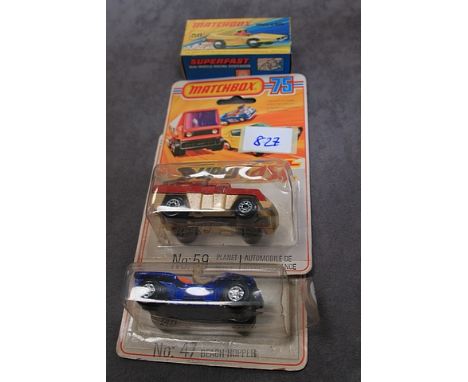 3x Matchbox Diecast, Comprising Of; #58 Superfast Woosh N Push Mint In A Crisp Box, #59 Matchbox 75 Planet Scout Mint On Open