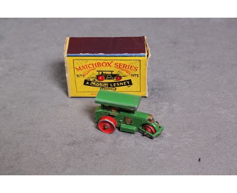 Matchbox Moko Lesney Diecast  #1(A) road roller diesel 49mm type A box very good model paint has worn on all exposed edges st