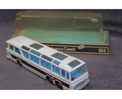 Mint Dinky Diecast #954 Vega Major Luxury Coach White/Maroon With Light Blue Interior And Cast Hubs In slightly damaged &amp;